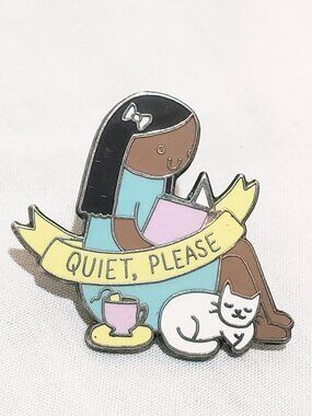 Quiet Please Pin Woman Girl Reading White Cat Kitten Cup of Tea Punky Pins 1"